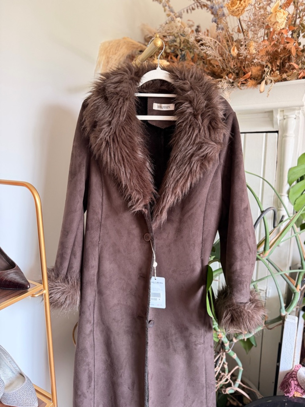 Balmain Chocolate Brown Faux Fur-Trim Trench Coat